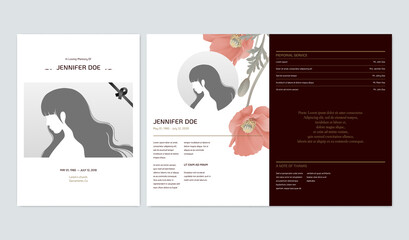 Floral memorial and funeral invitation card template design, poppy flowers, brown tone