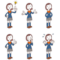 青いブレザー型制服を着た女子学生の6種類の仕草と表情　全身
