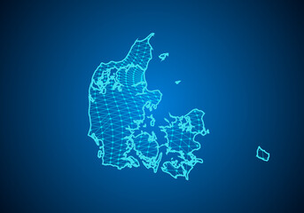 Abstract digital map of denmark with particles dots and line. polygonal network business. Wireframe landscape background. Big Data. 3d futuristic. Global network connection.