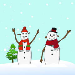 Set of cute snowman cartoon character vector Happy holiday in snowflakes background. Winter seasonal concept element