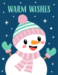 christmas card with cute cartoon snowman, vector illustration