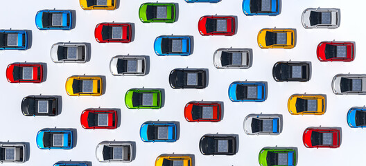 Multiple Colored Solar Powered City Cars Isolated Against White, Directly Above View. knolling concept. CGI Rendering, Stock Image.