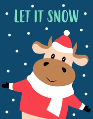 Fototapeta premium christmas card with cute cow, vector illustration
