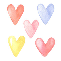 Watercolor set of red,pink,yellow, lilac hearts. Watercolour illustration for Valentine's Day with a symbol of love.Decorative elements for cards
