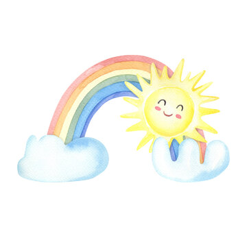 Watercolor multicolored rainbow,clouds,sun on white background.Color realistic spectrum.Cute Watercolour