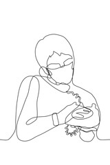 man speaks on an old vintage telephone with a rotating dial and a wire. one line drawing of a man with an old fashioned telephone