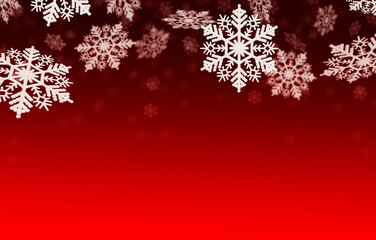 Abstract christmas decoration. Huge snowflakes falling down over a vivid red background with copy space on the bottom.