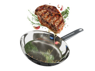 Fresh juicy roasted steak and spices, rosemary, garlic and thyme fly over a chrome-plated shiny and...