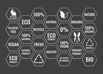 Vector set of icons. Lettering, illustrations in a green hexagonal on the theme of eco, bio, natural and healthy products, safe for vegans. Design template for websites, social networks.