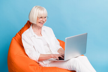 Photo portrait of grandmother using laptop browsing internet smiling typing message isolated on...