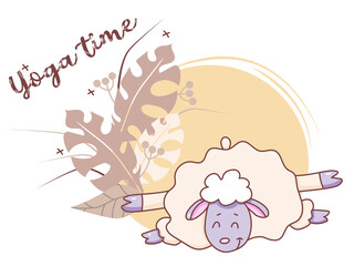 Pets yoga time. A cute lamb is doing yoga, stretching while lying in an asana. Vector illustration on a decorative background with tropical leaves and decor. Concept - yoga time. Flat design