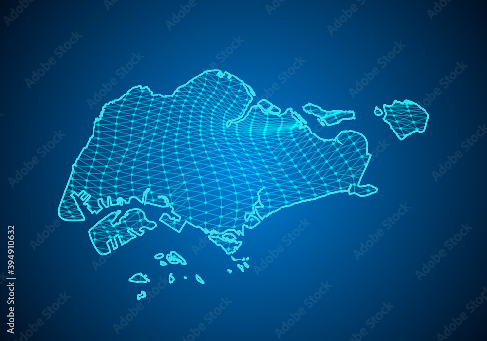 Poster abstract digital map of singapore with particles dots and line. polygonal network business. wirefram