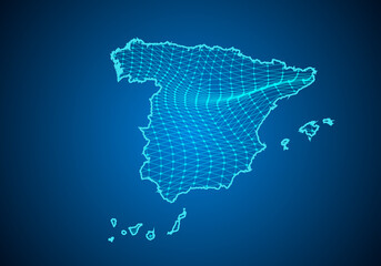 Obraz premium Abstract digital map of spain with particles dots and line. polygonal network business. Wireframe landscape background. Big Data. 3d futuristic. Global network connection.