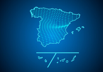 Abstract digital map of spain Provinces with particles dots and line. polygonal network business. Wireframe landscape background. Big Data. 3d futuristic. Global network connection.