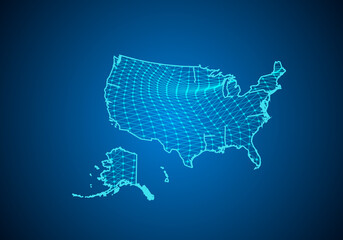 Abstract digital map of usa with particles dots and line. polygonal network business. Wireframe landscape background. Big Data. 3d futuristic. Global network connection.