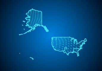 Abstract digital map of USA  Mercator with particles dots and line. polygonal network business. Wireframe landscape background. Big Data. 3d futuristic. Global network connection.