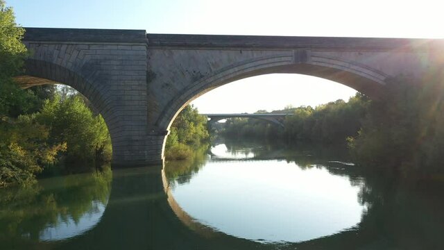 Aerial view of a bridge in Gignac,  small village in south of france near to Montpellier, beautifull sunny light during the afternoon.