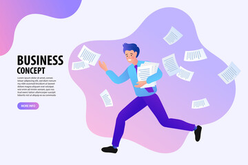 Overworked and Stressed Businessman Running with Falling Papers to Meet a Deadline.