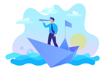 Business people are floating on a paper boat. Businessman with a spyglass. Investments and search for business ideas. Vector illustration.