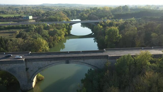 Aerial view of a bridge in Gignac,  small village in south of france near to Montpellier, beautifull sunny light during the afternoon.