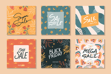 Naklejka premium Set of sale square banner template for social media posts, mobile apps, banners design, web/internet ads. Trendy abstract square template with colorful concept. Floral, rainbow, daisy, sun background 