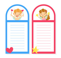 Cute Notebook Lined Paper with Cute Baby Angels, Notebook, Diary, Sticker Template Design Cartoon Vector Illustration