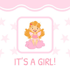It is a Girl Cute Baby Card Template with Adorble Girl Angel, Invitation, Greeting Card Design Cartoon Vector Illustration