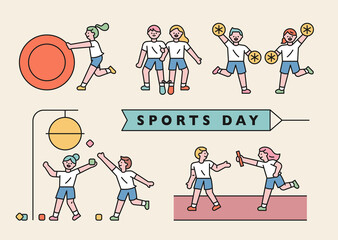 School sports day. Cute students are playing various games. flat design style minimal vector illustration.