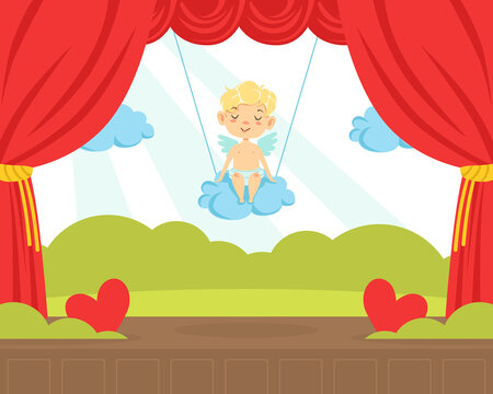 Cute Little Boy in Angel Costume Performing on Stage Cartoon Vector Illustration