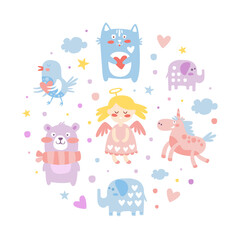 Cute Adorable Baby Animals in Circular Shape, Girl Angel, Unicorn, Bear, Elephant, Bird, Bear in Pastel Colors Cartoon Vector Illustration