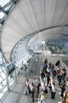 High angle looking down at people in terminal at Suvarnabhuml Airport - Bangkok