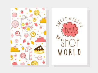 Sweet and Tasty Bar and Shop Card Template with Sweet Desserts Seamless Pattern, Candy Shop, Cafe, Confectionery Design Cartoon Vector Illustration
