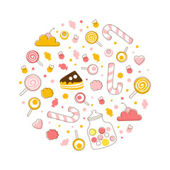 Sweet Desserts Seamless Pattern of Round Shape, Candy Shop, Bar, Cafe, Confectionery Design Cartoon Vector Illustration
