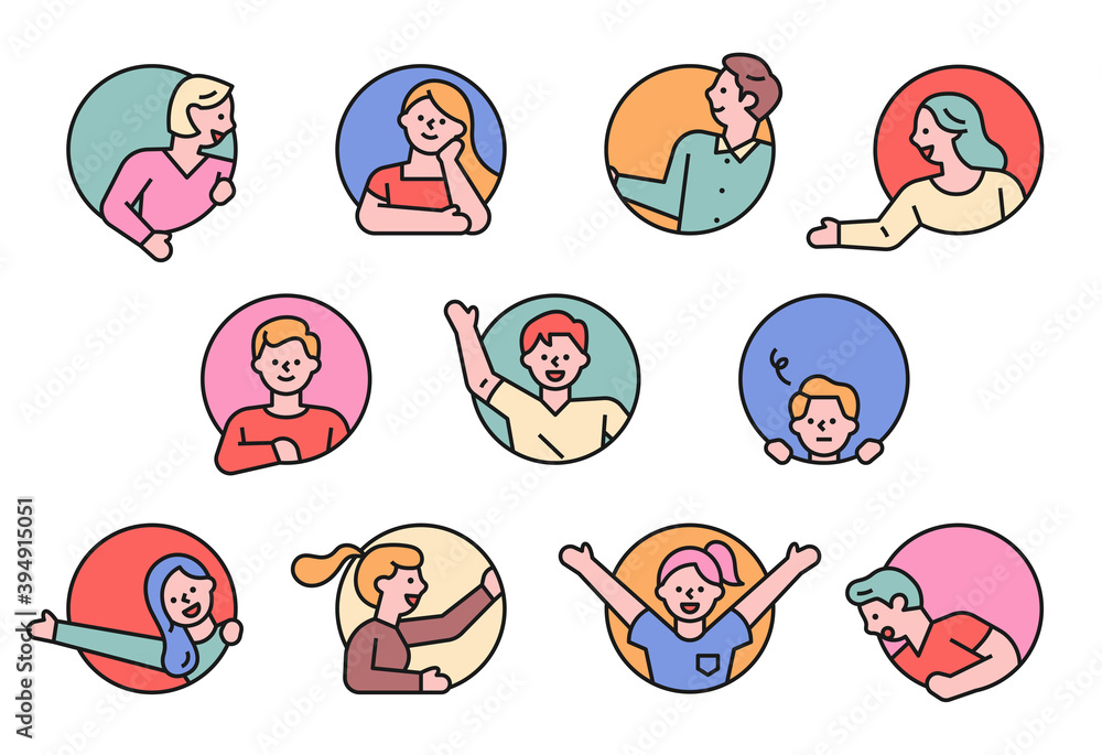 Poster people doing various actions in a circular frame. flat design style minimal vector illustration.