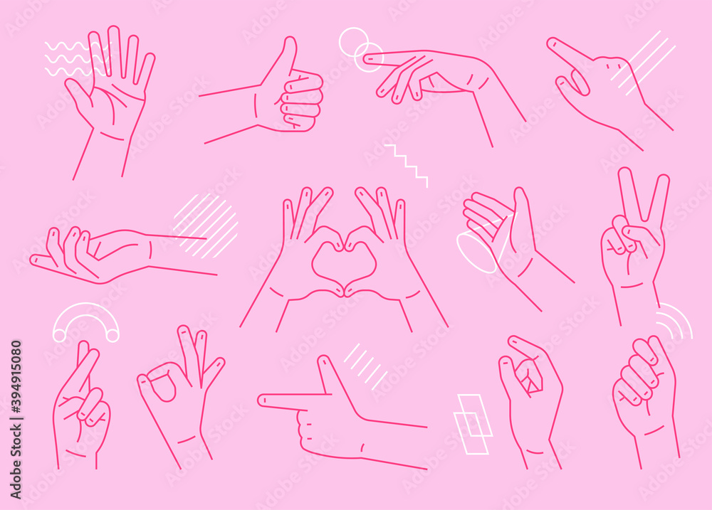 Poster collection of various hand gestures. flat design style minimal vector illustration.