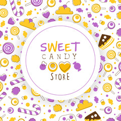 Sweet Candy Store Card Template with Tasty Sweets Seamless Pattern, Candy Bar, Shop, Cafe, Confectionery Design Cartoon Vector Illustration