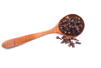 Carnation, dried clove spice in wooden scoop isolated on white background.