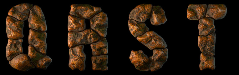 Set of rocky letters Q, R, S, T. Font of stone on black background. 3d