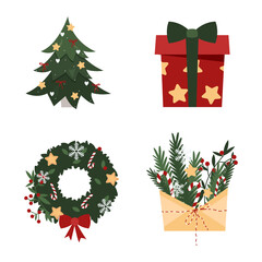 Christmas tree, gift box, New Year wreath, gift envelope with branches isolated. Christmas elements and stickers in flat cartoon style. Vector stock illustration