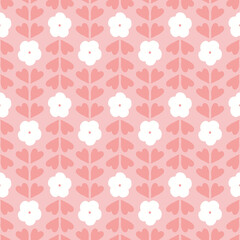 Floral pattern design in pink. Textured vector seamless repeat background of flowers and heart shaped leaves. 
