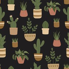 Seamless pattern of modern house plants, trendy hand drawn exotic flowers in pots, flat style on black background. Trendy elements in pastel colors, hipster boho style for wrapping paper and textile