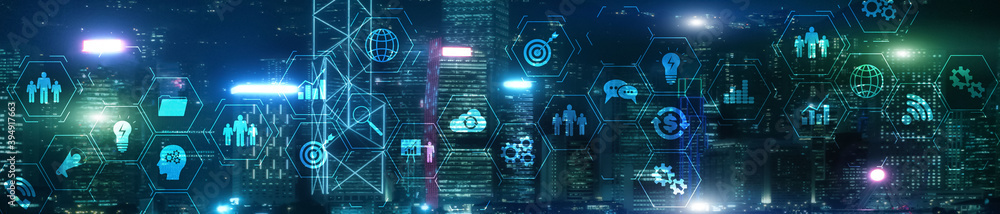 Poster erp enterprise resource planning system on virtual screen with connections between business intellig
