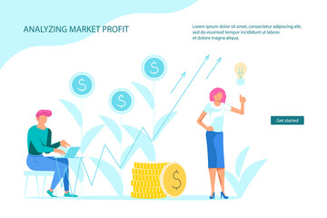 Web analysis. A group of people interact with parts of the interface. Men and women study and analyze the mobile web application interface. Profit analysis. Modern vector illustration isometric style.