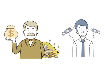 笑顔のお金持ち男性と落ち込む貧しい男性