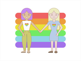 Girls in love hold hands against a rainbow background. Isolated image in jpeg format.	
