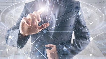 Blockchain network on blurred skyscrapers background. Financial technology and communication concept.