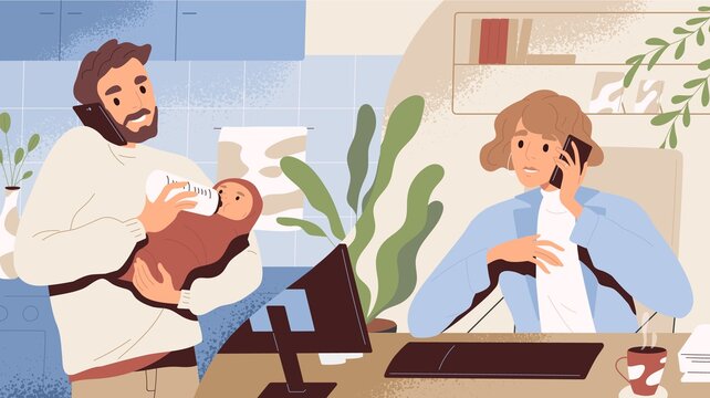 Concept of paternity leave instead of maternity one. Young man on call with wife working at office. Happy dad holding and feeding newborn baby or infant at home. Flat textured vector illustration