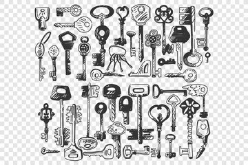 Keys doodle set. Collection of different shape small key for opening door locks isolated on transparent background. Decorative vintage old design switches and home security illustration.