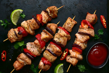 Roasted chicken kebab with ketchup. Top view with copy space.
