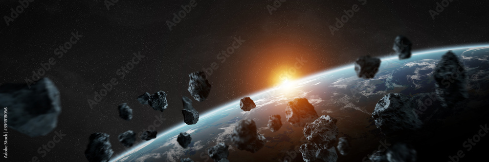 Poster panoramic space planets background. panorama of distant solar system with exoplanets 3d rendering el
